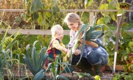 Mother and child gardening