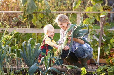 Mother and child gardening